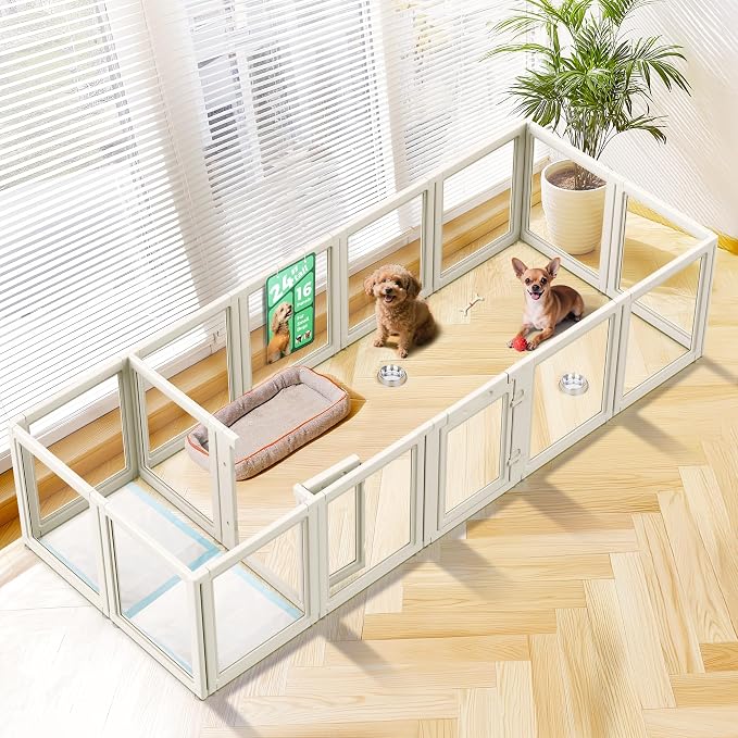 FXW AuraSpace Clear Acrylic Indoor Dog Playpen, 24" H, 16 Panels, White | Open View, Modern Home Fit, No Climbing Bars, Tool-Free Setup, For Puppies & Small Dogs