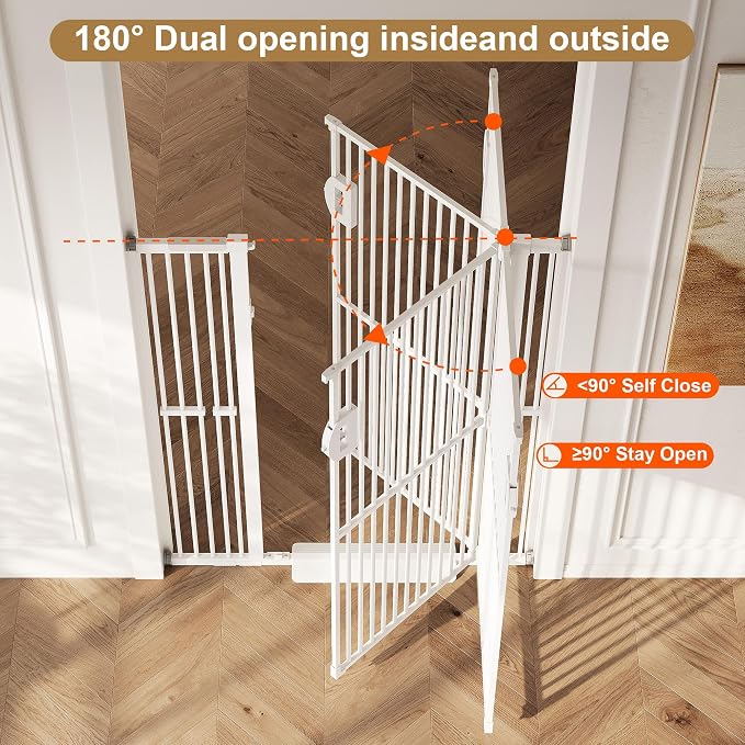 Jekriuet 57" Extra Tall Pet Gate, 27.5"-38.5" Wide, White | Dog Cat Gate for Doorways Hallways Stairs,Pressure Mounted 1.18" Ultra Narrow Gap No Drilling One-Handed Auto-Close