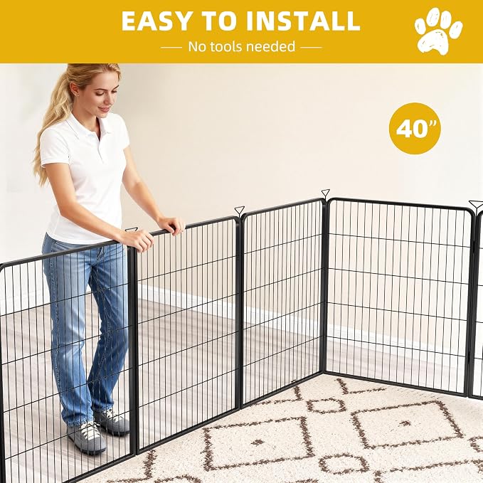 40 Inch 16 Panel Portable Metal Outdoor Dog Playpen, Black | 40-Inch 16-Panel Portable Dog Fence for RV Camping with Carry Handle and Hook-and-Loop Straps for Medium and Large Dogs.