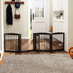 PUPETPO Freestanding Dog Gate with Door, Pet Gate for Stairs, 80 inch Wide Pet Barrier Indoor, Dog Fences Indoor, Support Feet Included, 4 Panels, 24" Tall, Dark Brown