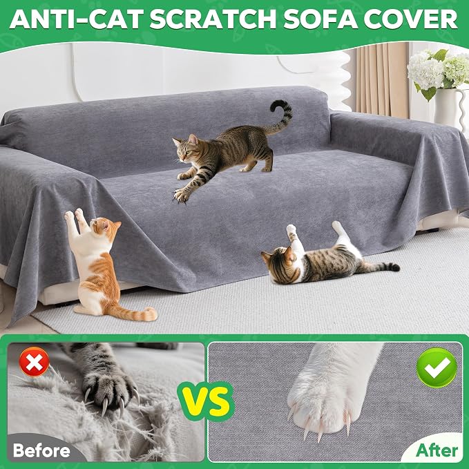 Loiion Cat Scratch Proof Furniture Protector Waterproof Sofa Cover 150"x91" | Pet-Friendly Couch Protector, Anti-Scratch & Anti-Slip Sofa Cover For Cats Dogs Kids, Machine Washable