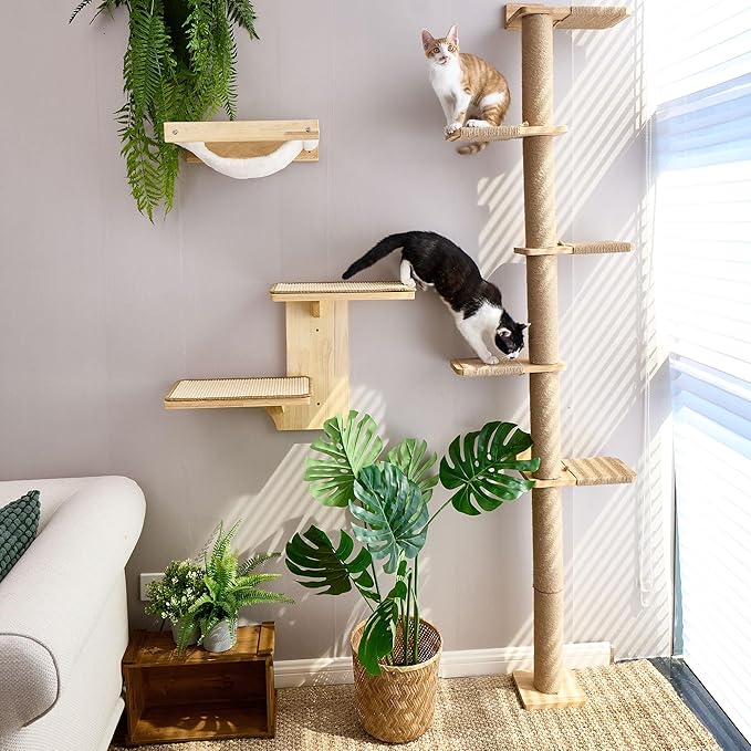 FUKUMARU Wall-Mounted Cat Tree for Small & Medium Cats | 5-Tier Tall, Scratching Post, Indoor Cat Wall Shelves, Climbing Tower, For Climbing, Scratching & Lookout