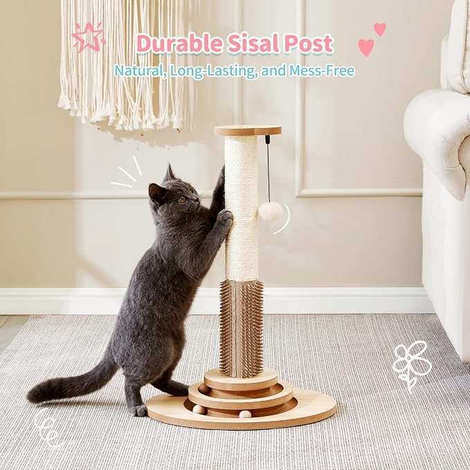 Made4Pets Cat Scratching Post for Indoor Cats with Self Groomer, 23" | Cat Scratcher with Natural Sisal Rope, Stable Base and Interactive Ball Track, Cat Toys for Kittens and Small Indoor Cats