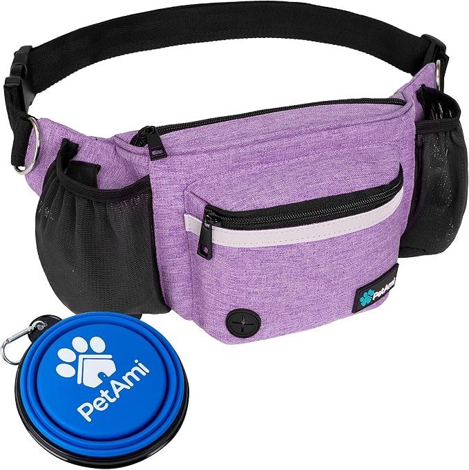 PetAmi Dog Fanny Pack, Treat Pouch for Dog Walking, Training, Built in Poop Bag Dispenser, Water Bottle Holder, Collapsible Bowl, Pet Treat Waist Belt for Hiking, Running, Kibbles (Purple)