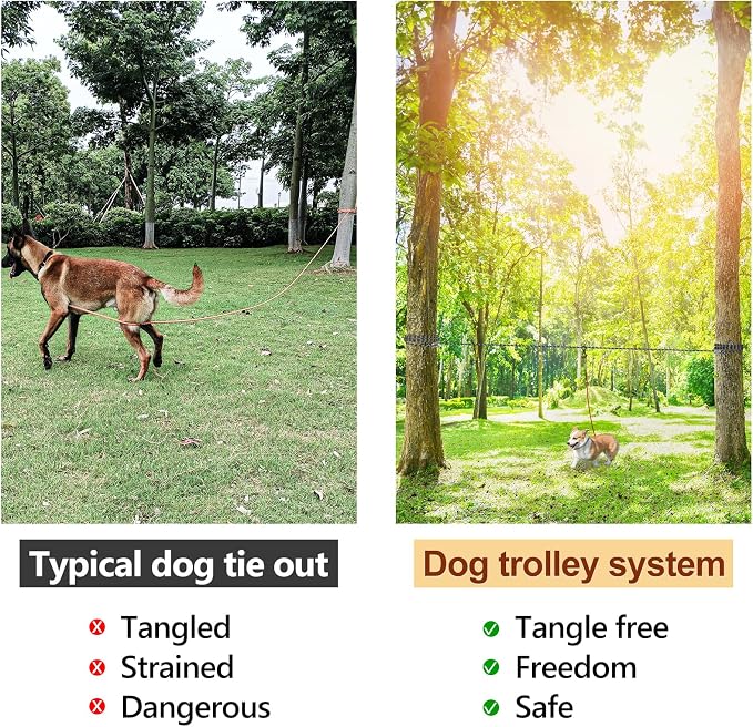 XiaZ Dog Camping Leash, 50ft Portable Overhead Trolley System for Dogs up to 200lbs, Dog Tie Out Cable, Camping, Parks, Outdoor Events,5 min Set-up,Black