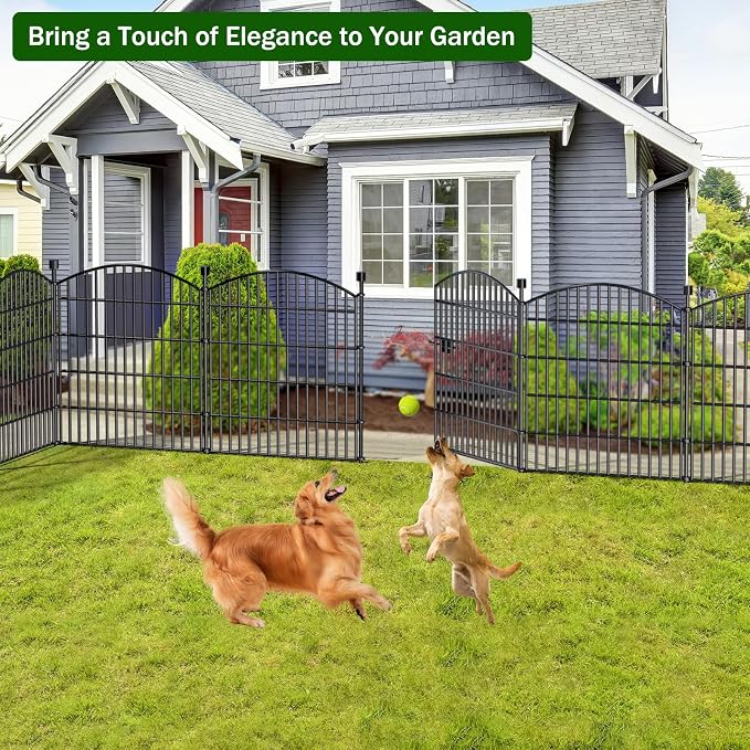5 Panel No Dig Decorative Garden Fence with Gate 32" H x 11.8'L Dog Barrier | Rustproof welded steel with lock gate, deep stakes for yards, patios. Modular design contains pets, rabbits, small animals.