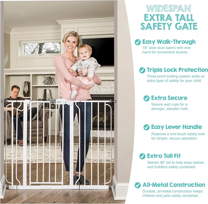 Regalo 36" Extra Tall and Wide Baby Gate, Bottom of Stairs & Doorways | Fits Openings 29"-49" Wide, Pressure Mounted with Door, For Babies, Toddlers & Pets, White
