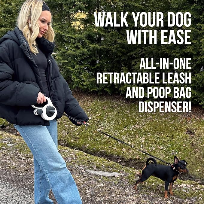 AVANTO Retractable Dog Leash with Flashlight, 16ft Heavy Duty LED Night Safety Leash for Dogs up to 110lbs – 360° Tangle-Free, USB Rechargeable Light, Waste Bag Dispenser, One-Hand Brake & Lock