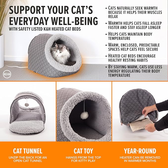 K&H Heated Cat Bed, Thermo-Pet Cave Indoor, Safety Listed, 4W, Gray | Removable Waterproof Cat Heating Pad, Heated Pet Bed for Dogs & Cats, Covered Cave Pet Tent, Collapsible, Machine Washable