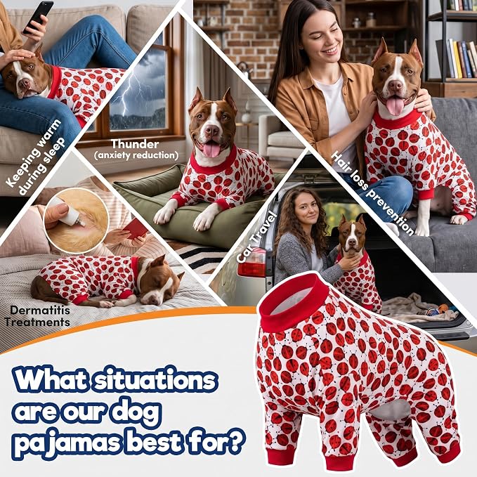 LovinPet Large Dogs Pajamas Clothes, Pitbull Onesie, Slim Fit, Lightweight Pullover Pajamas, Pitbull Clothes, Full Coverage Dog Pjs, Red Ladybug Prints, Full Coverage Large Breed Dog Pjs, 2XL