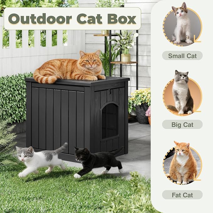 Cat Litter Box Enclosure, Enclosed Cat Litter Box Raised Floor, Openable Front Door Outdoor Cat House Weatherproof, Easy to Clean, Black