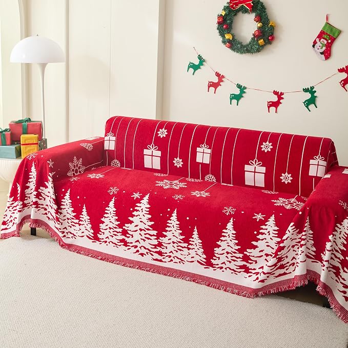 Christmas Couch Cover for Sectional Sofa, Chenille Loveseat Red Sofa Covers Washable for Pet Friendly Cedar Decorative Couch Covers, 71" x 102"