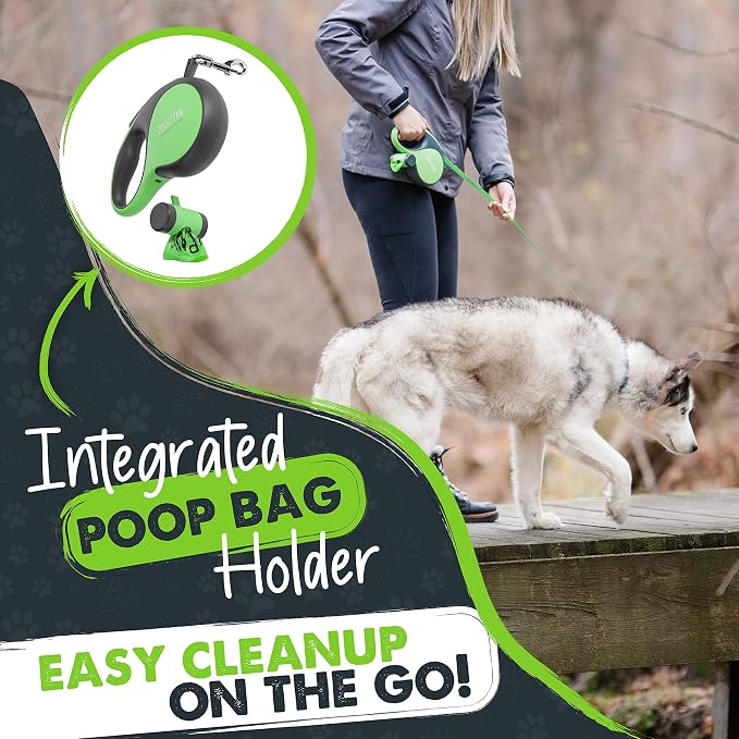Mighty Paw Retractable Dog Leash with Poop Bag Holder, 16 Ft | Quick-Lock Braking, Tangle-Free Swivel Clip, Reflective Nylon Tape, Stainless Steel Coil, Fits Small to Large Pets
