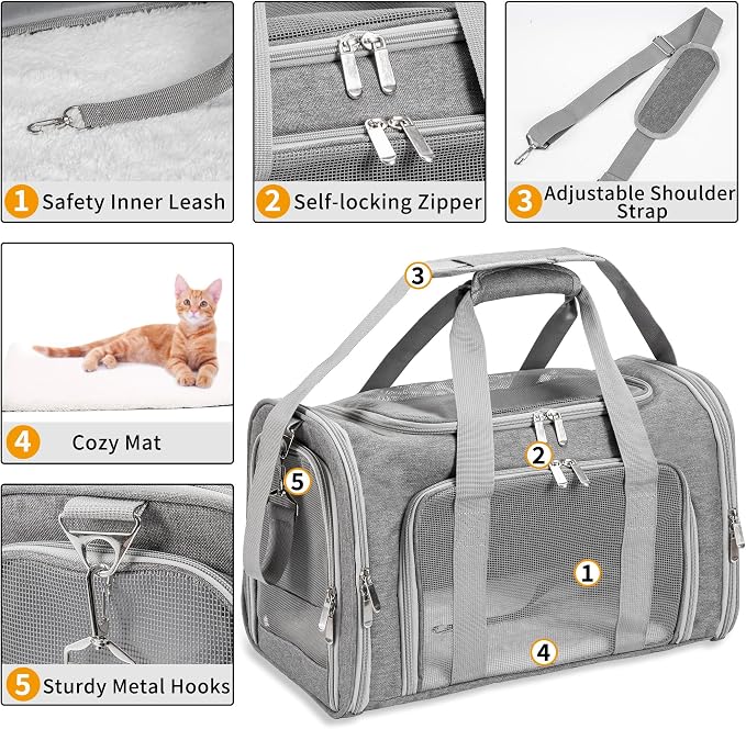 Soft-Sided Cat/Dog/Pet Carrier, Collapsible Pets Travel Carriers for Big Cats/Small Dogs with Shoulder Strap & Removable Mat, Mesh Puppy Carry Bag, Up to 16 Lbs, TSA Airline Approved(Gray)