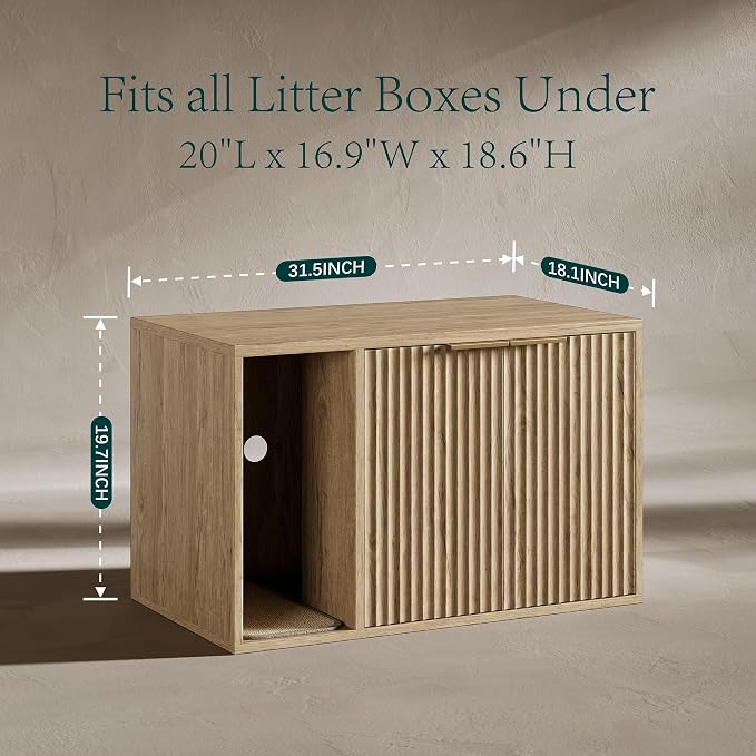 Evermagin 31.5" Cat Litter Box Enclosure Furniture with Cat Scratch Pad | Oak Hidden Litter Box Cabinet, Modern Indoor Cat House, Large Fluted Kitty End Table for Living Room, Bedroom, Entryway