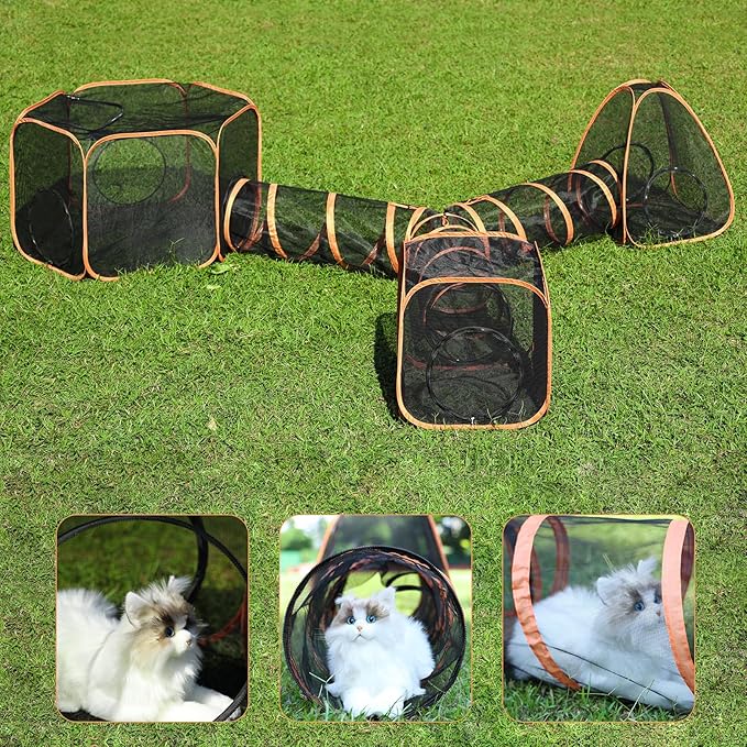 5 in 1 Outdoor Cat Tents with Tunnels for Outside - Cat Enclosures for Indoor Cats with 1 Cat Harness and Leash for Walking, 1 Cat Wand Toys, 3 Cat Feather Toys - Cat Playpen and Indoor Catio