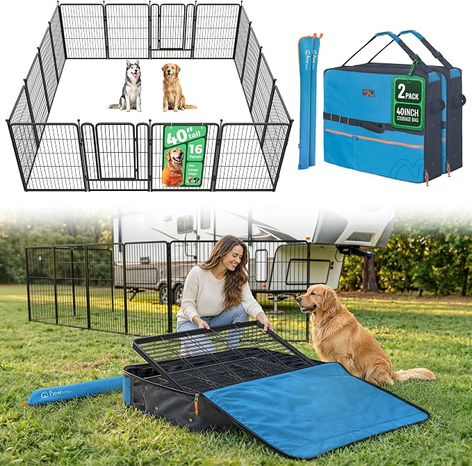 FXW Rollick Unleashed Dog Playpen for Indoor, Yard, RV Camping, 40 inch 16 Panels Dog Pen with Playpen Storage Bag (2 Packs) for Medium and Large Dogs, Black│Patented