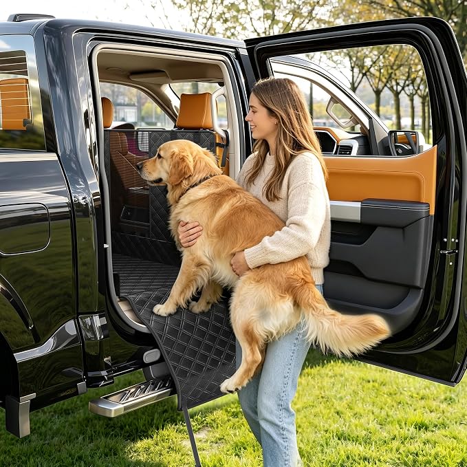 PETICON F150 Floor Cover for Crew Cab Trucks with Fold-Up & Split Seats | Split Zipper, Waterproof & Scratch-Resistant 600D Oxford, Side Door Flaps, Non-slip Base, Protects Interior, Machine Washable