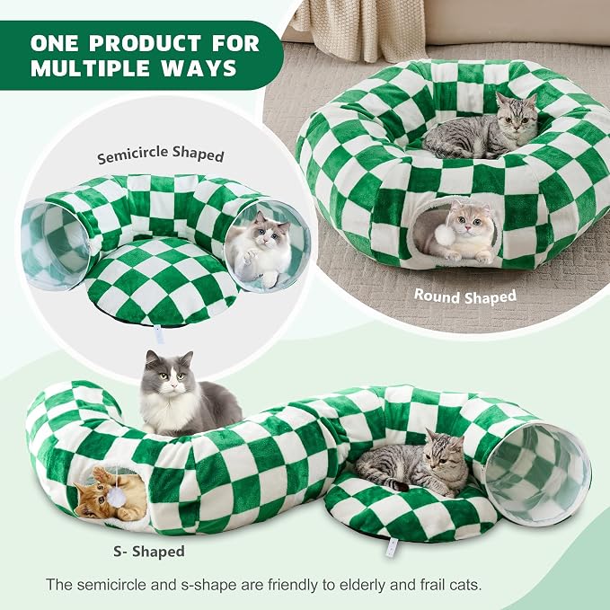 Cute Round Cat Tunnel for Indoor Cats, Green/White | Peekaboo Cat Cave with Dangling Balls, Checkered Pet Donut Tunnel Bed with Circle Mat for Puppy Kitten Rabbit