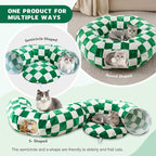 Cute Round Cat Tunnel for Indoor Cats, Green/White | Peekaboo Cat Cave with Dangling Balls, Checkered Pet Donut Tunnel Bed with Circle Mat for Puppy Kitten Rabbit