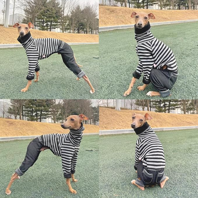 D Doggy Star Italian Greyhound Clothes Stripe Fleece Stretchable Denim Onesie Whippet for Dog Turtleneck Outfits Coat (S,Denim Black)