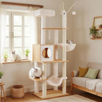 Hey-brother Wooden Cat Tree Tower with Hammock for Indoor Cats, MPJ120WB | 66.14 Inches Modern Scratching Post with Large Condo, Plush Top Platform, Cozy Basket, Bed, Hanging Toys, Walnut