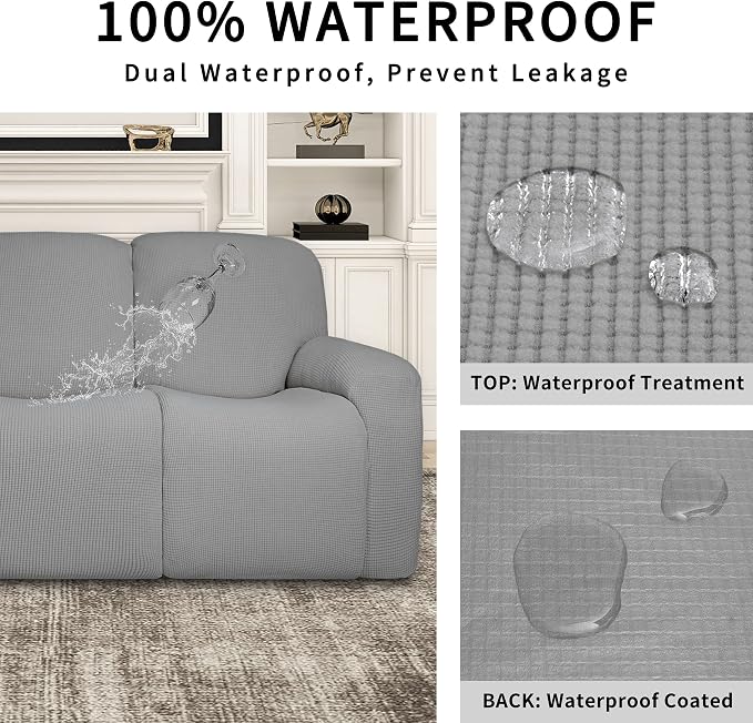 Easy-Going 100% Dual Waterproof Recliner Loveseat Cover, 6-Pieces Stretch Relining Sofa Cover with Pocket, Jacquard 2 Seat Sofa Slipcover Leakproof Washable (Loveseat, Light Gray)