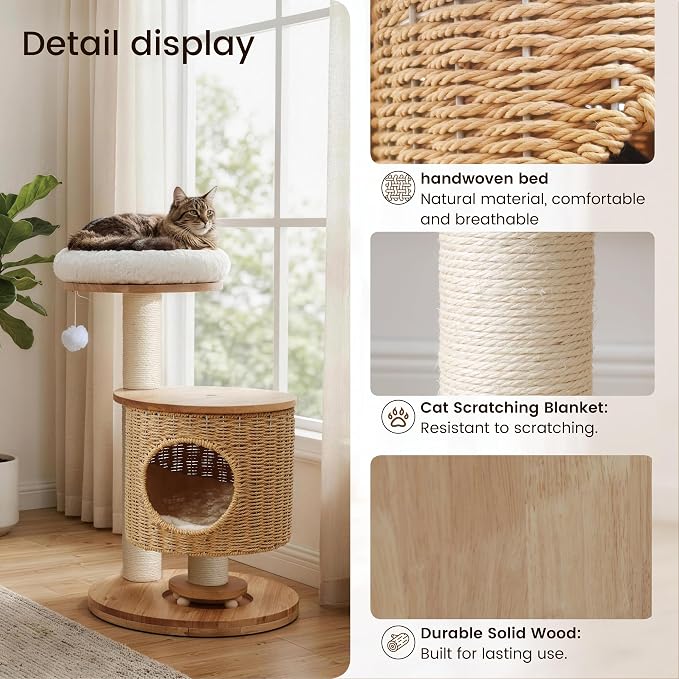 Solid Wood Cat Tree for Indoor Cats, Modern Cat Tower with Hand-Woven Condo & Sisal Scratching Post, Sturdy Wooden Cat Tree with Plush Perch, Aesthetic Cat Furniture for Small to Medium Cats