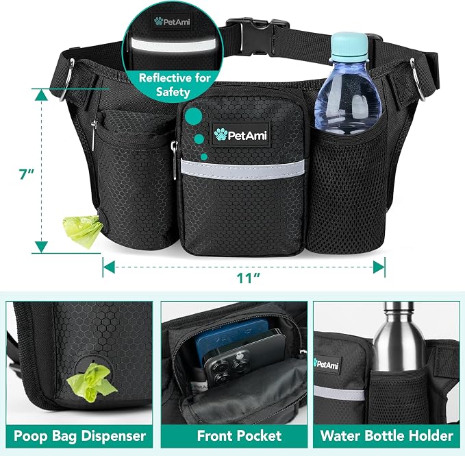 PetAmi Premium Hands Free Dog Leash for 2 Dogs, Adjustable Waist Belt Leash for Dog Walking, Fanny Pack Accessories Bag Dual Bungee Leash for Running, Hiking, Jogging, Biking, Black