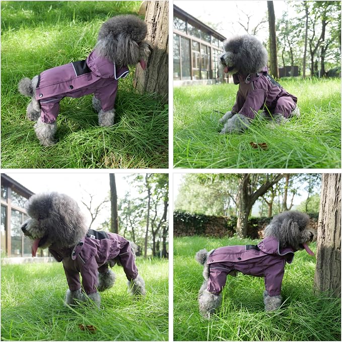 LOVELONGLONG Waterproof Dog Raincoat with Removable Hood – Outdoor Full Body Dog Jacket, Windproof Snowproof Shell Suit – All Season Pet Rain Gear Plum Purple M