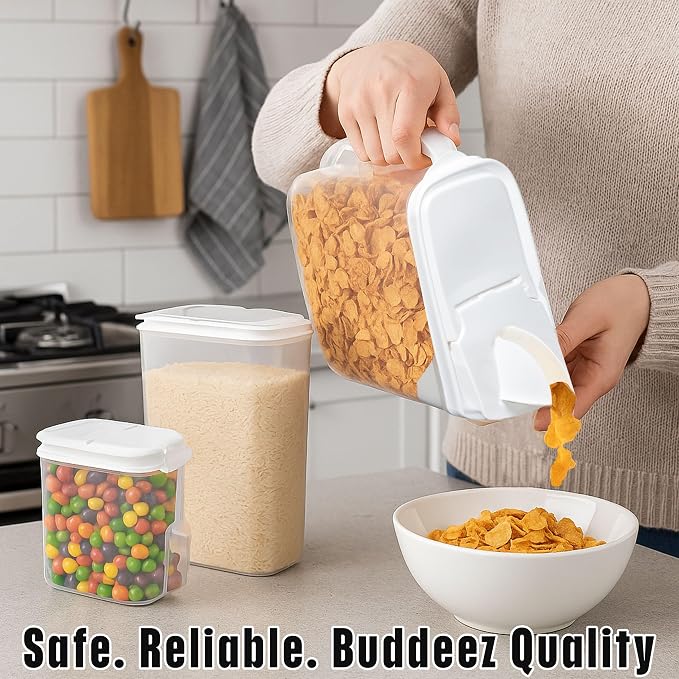 Buddeez Cereal Buddy Food Storage Dispenser - Multi-Size, BPA Free Plastic Containers with EZ Grip Handle, Scoop, and EZ Pour Spout, 8 QT, Set of 3.