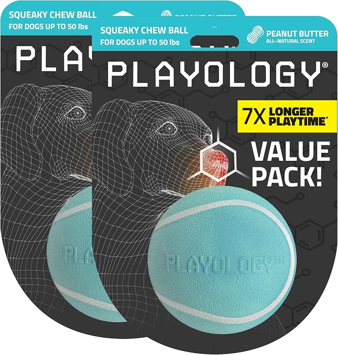 Playology Dog Toys | Squeaky Chew Ball for Dogs, Value 2-Pack | Peanut Butter Scented Medium Dog Balls | Bouncy Floating Chew Toys for Fetch