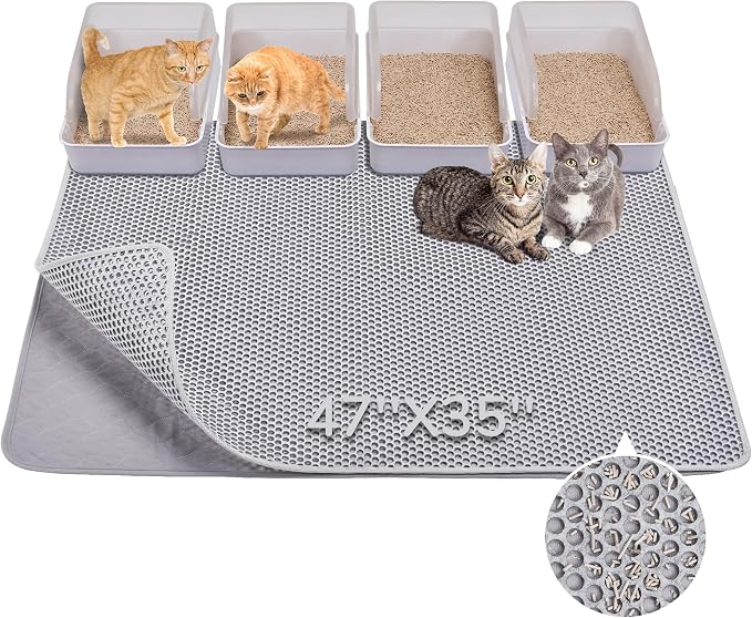 Cat Litter Mat 47" x 35" XL, Washable Urine-Proof Non-Slip Gray | Machine Washable, Upgraded Felt & Fabric Material Litter Mat for Fewer Creases, Hold 3-4 Litter Boxes, Soft on Paws