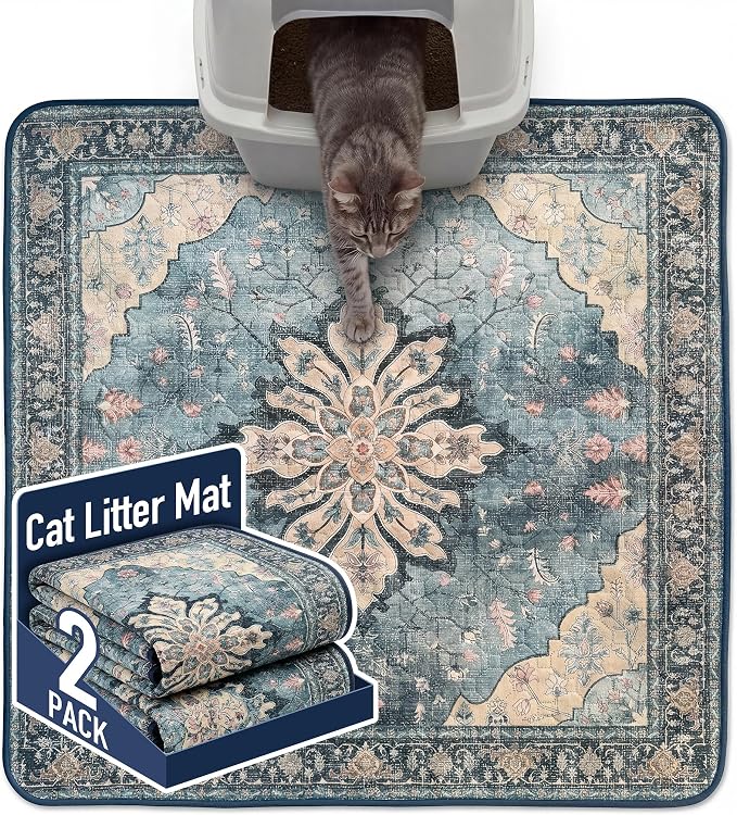 Hompet Cat Litter Mat 2 Pack, 36x36 Large Machine Washable Trapping Mats for Cats, Super Absorbent & Urine-Proof Cat Litter Box Mat for Floor, Waterproof & Non Slip Kitty Litter Rug