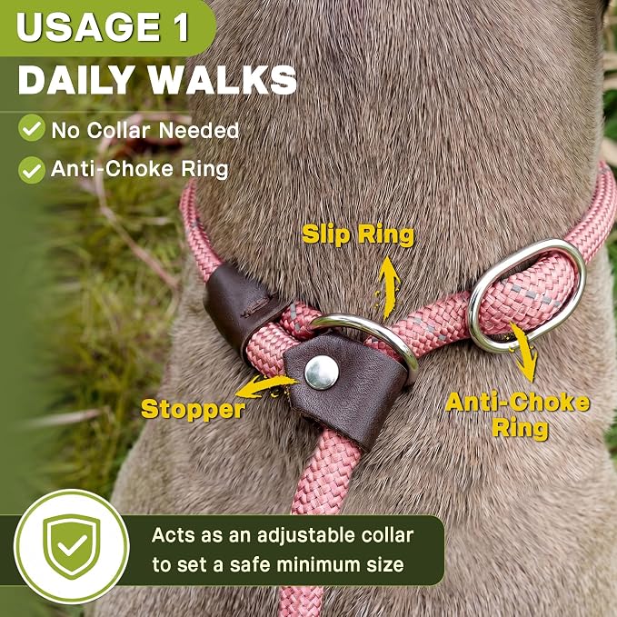 Fida Duarble Slip Leads for Dogs, 4 FT x 1/2" Heavy Duty Dog Loop Leashes, Comfortable Strong Rope Slip Leash for Small Dogs and Puppies, No Pull Pet Training Lead with Highly Reflective(1/2", Pink)
