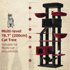 Gitelsnour Tall Cat Tree Tower for for Multiple Cats, Large Condo, GCT031BR | 78.7"(200cm) Multi-level Scratching Post for Indoor Large Adult, 2 Condo, 4 Platforms, 3 Hammock, Sisal Rope, Toys Black