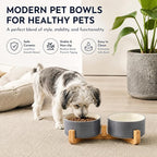 Petygooing Ceramic Cat Dog Bowl Set with Wood Stand, 13.5OZ/5.1 in, Grey White