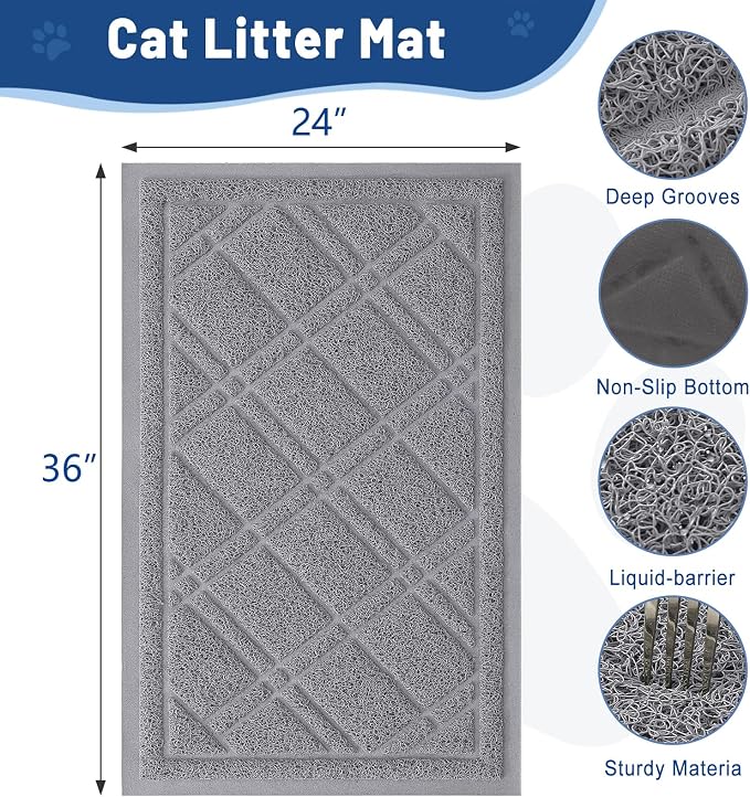 Smiry Cat Litter Box Mat 36x24, Non-Slip Water Resistant Litter Trapping Mat, Easy Clean Less Waste and Urine-Locking Cat Carpet for Indoor, Grey