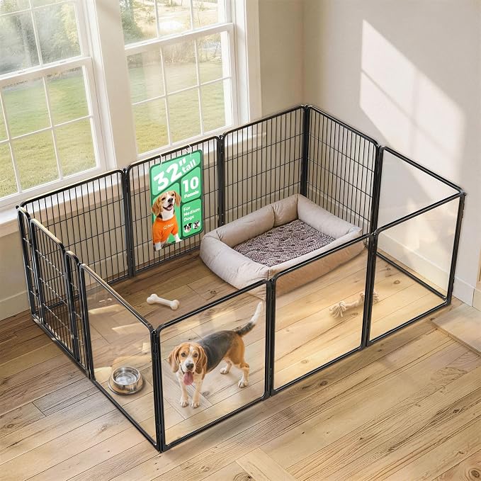 FXW AuraSpace Pro Acrylic & Wire Mesh Indoor Dog Playpen, 32" H, 10 Panels | Clear View, Heavy-duty Metal, Flexible Layouts, Easy Walk-Through, For Small & Medium Dogs, Patented
