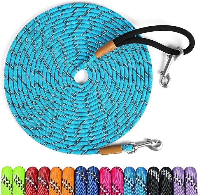 lynxking Long Dog Leash Reflective 15ft 30ft 50ft Check Cord Training Lead Padded Handle Heavy Duty Rope for Puppy Small Medium Large Dogs (Light Blue, 50ft x 3/8inch)