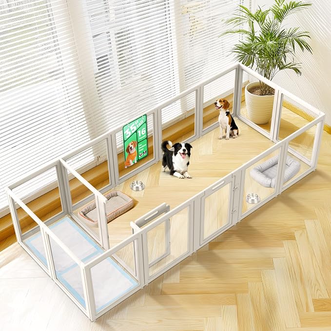 FXW AuraSpace Clear Acrylic Indoor Dog Playpen, 35" H, 16 Panels, White | Open View, Modern Home Fit, No Climbing Bars, Tool-Free Setup, For Medium Dogs