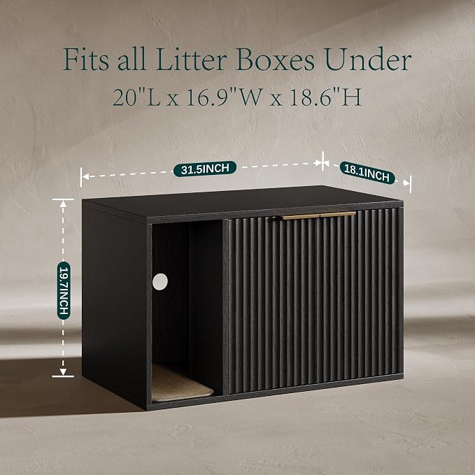 Evermagin 31.5" Cat Litter Box Enclosure Furniture with Cat Scratch Pad | Black Hidden Litter Box Cabinet, Modern Indoor Cat House, Large Fluted Kitty End Table for Living Room, Bedroom, Entryway