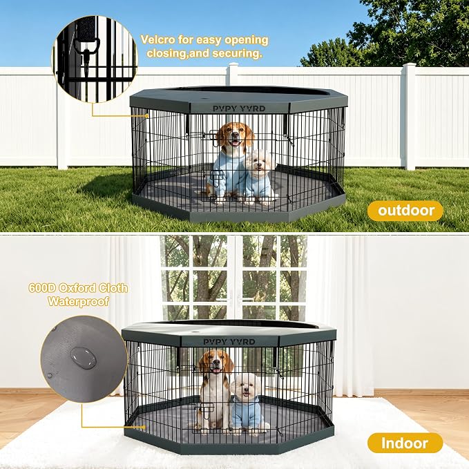 Dog Playpen with Top Cover and Bottom Pad,Foldable Playpen,8 Panels 30" H | Metal Puppy Play Pen,with Door for Indoor Outdoor,Pet Exercise Fence for Small Medium Animals