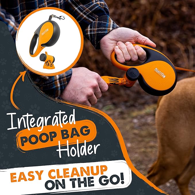Mighty Paw Retractable Dog Leash with Poop Bag Holder, 16 Ft | Quick-Lock Brake, For Pets Up To 50 Lbs, Stainless Steel Coil, Reflective Nylon Tape, Tangle-Free Swivel Clip