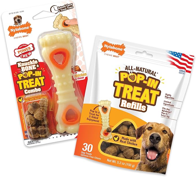 Nylabone Power Chew Knuckle Bone & Pop-in Dog Treat Toy & 30 Treat Refills | Medium breeds, chicken flavor, all-natural treats, dog enrichment, interactive dog toys to keep them busy, dogs up to 35 lbs