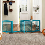 PUPETPO Freestanding Dog Gate with Door, Pet Gate for Stairs, 80 inch Wide Pet Barrier Indoor, Dog Fences Indoor, Support Feet Included, 4 Panels, 24" Tall, Blue
