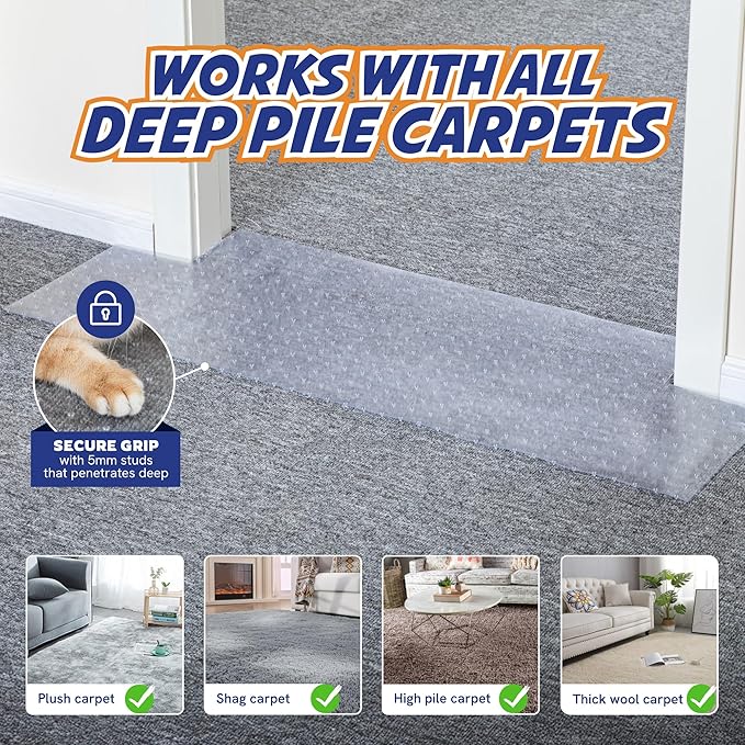 Panther Armor Cat Carpet Protector for Deep Pile, Runner Mat 16 x 43 in | Stops cats scratching deep pile carpet. Door edge protector and plastic runner mat