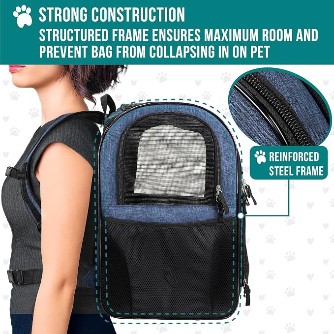 PetAmi Dog Backpack Carrier for Cats, 4-Way Entry Ventilated, 18lbs Max | Sherpa Bed Included, Foldable Load-In Top, Safety Reflective Strap, Breathable Mesh, Poop Bag Dispenser, Padded Back Support
