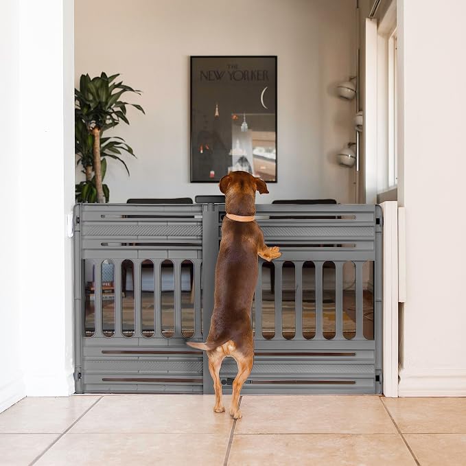IRIS USA Pet Gate, Adjustable Width, Gray | Stair Safety, Pressure Mount System, Expandable Barrier, Walk-Through Design, One-Hand Open, No Drilling Needed