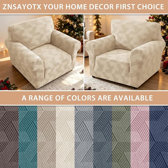 ZNSAYOTX Stretch Armchair Covers for, 1-Piece Chair Slipcovers for Living Room, Furniture Protector with Elastic Bottom for Dogs Cats Kids Geometrical Jacquard Fabric (Small, Khaki)